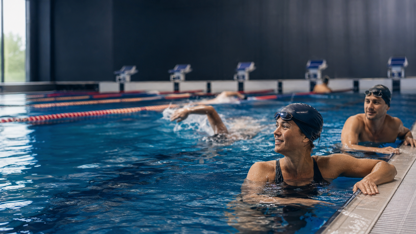 Nadadores adultos entrenando en una piscina cubierta
