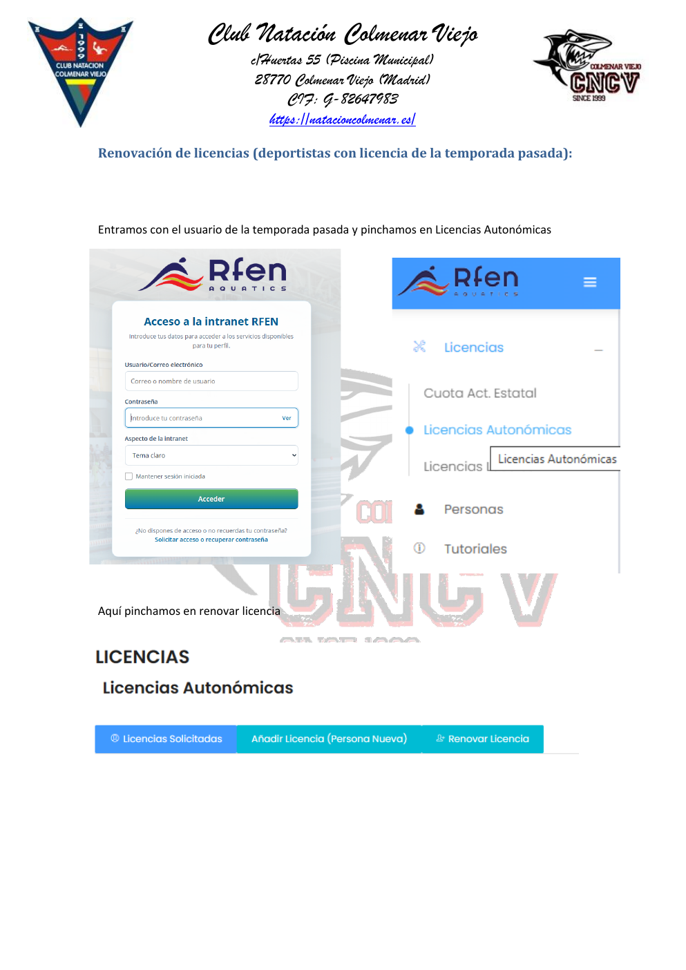 Pantalla de acceso a la intranet RFEN y opción de licencias autonómicas para renovar una licencia