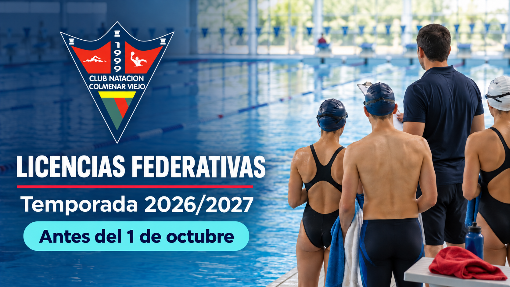 Logo del Club Natación Colmenar Viejo sobre una piscina y mensaje sobre las licencias federativas de la temporada 2026/2027